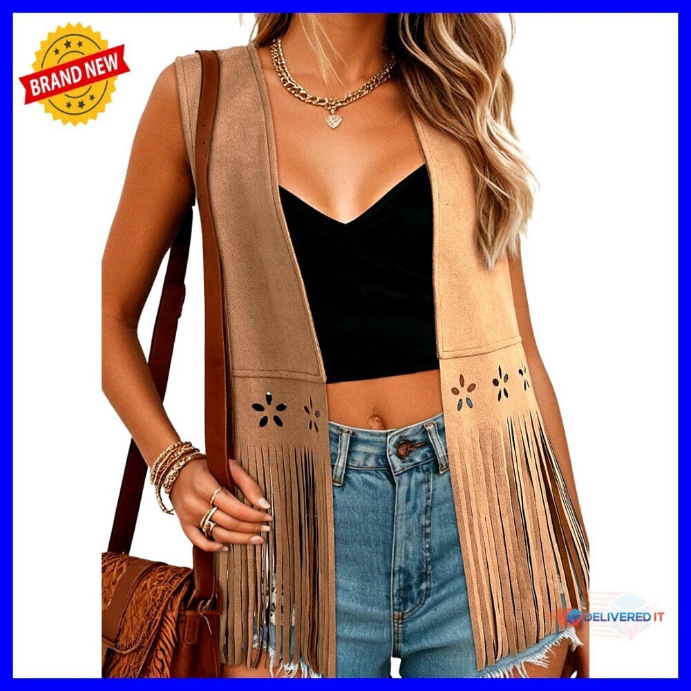 Faux Suede Fringe Vest Sleeveless Western Boho Retro Cowgirl Outerwear